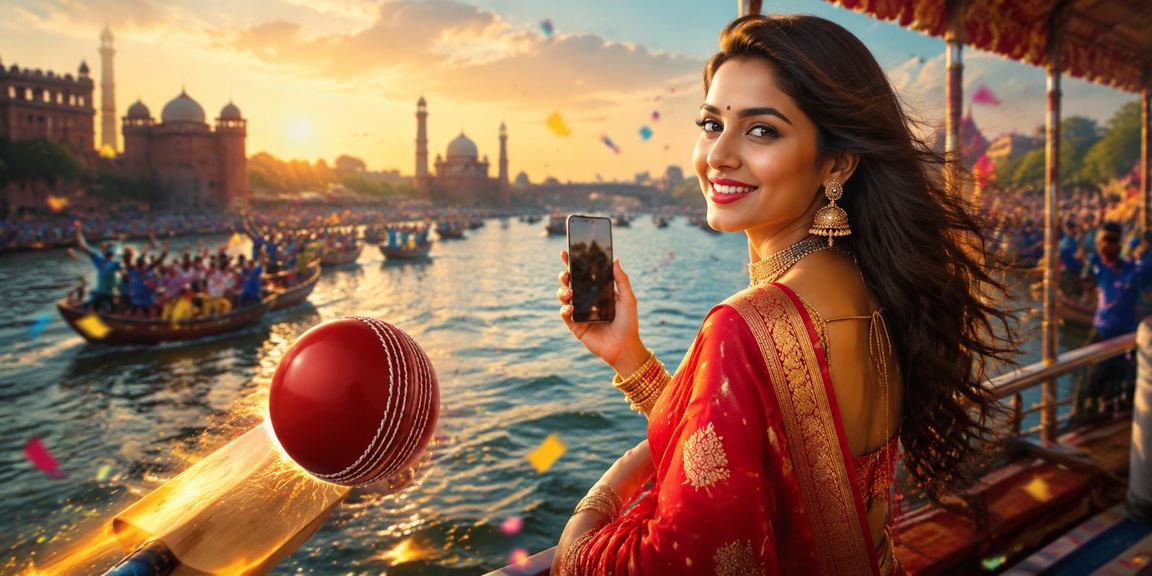 Woman enjoying live cricket betting in traditional saree
